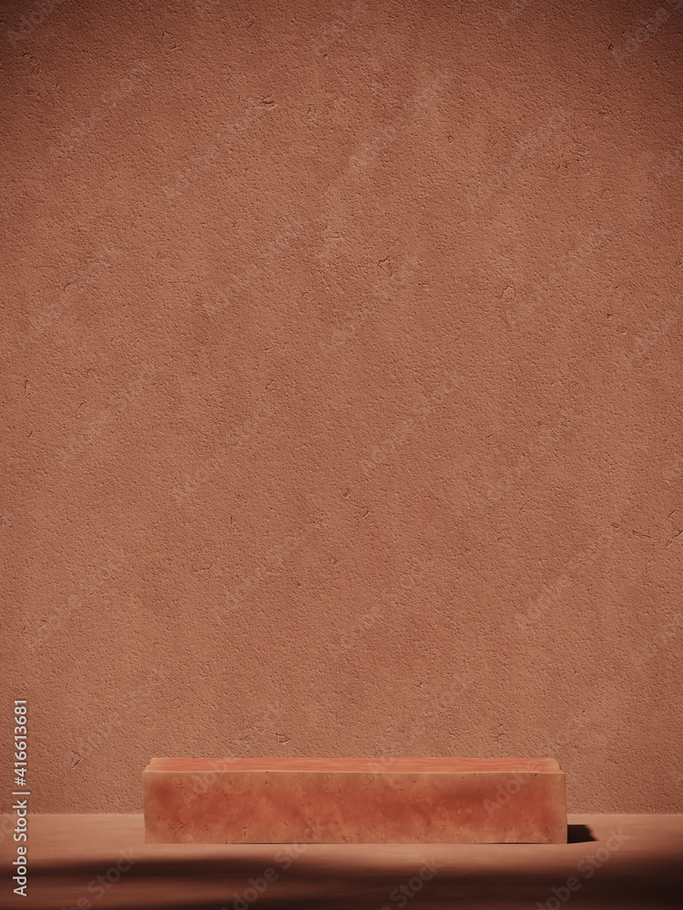 Poster mediterranean style mockup for product presentation. terracotta platform with leaf shadow on deep re