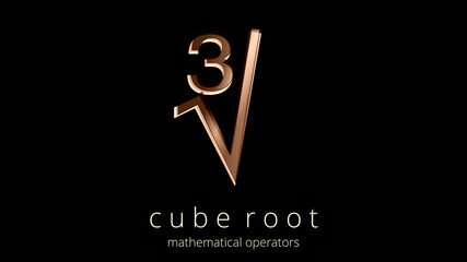 Mathematical Operators. Cube root symbol, illustration. Logo, poster of Math typographic sign. Simplicity and elegance in the icon in ocher tones and design effects. Distinguished black background.
