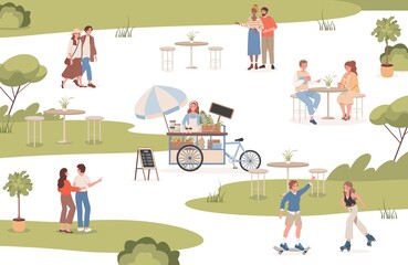 City park vector flat illustration. Happy smiling people spending summer weekend outdoor in urban park. Men and women spending time together, walking, eating in cafe, riding on skateboards.