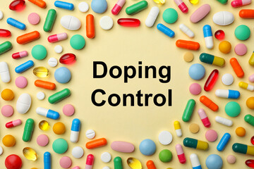 Frame of different drugs on yellow background, flat lay. Doping control