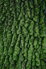 Bark of a tree covered with green moss, close-up. 