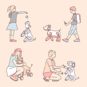People walking and playing with mechanical pets vector cartoon outline illustration. Happy smiling children and women spending time with robotic dogs. Modern robot technology concept.