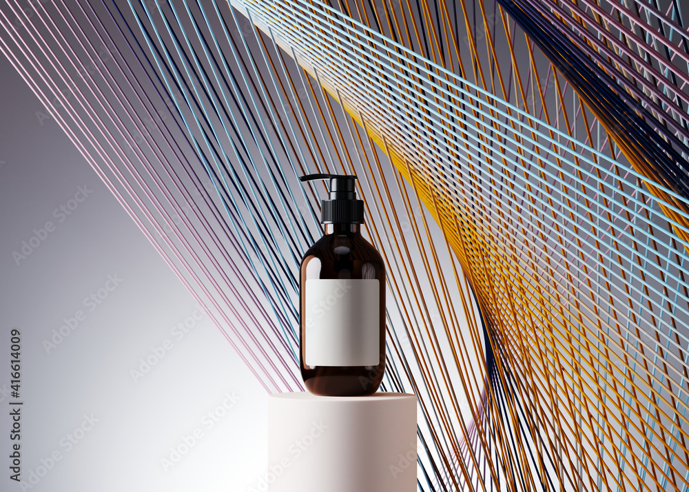 Poster minimal background for product presentation. cosmetic bottle, podium and geometry weaving line on wh