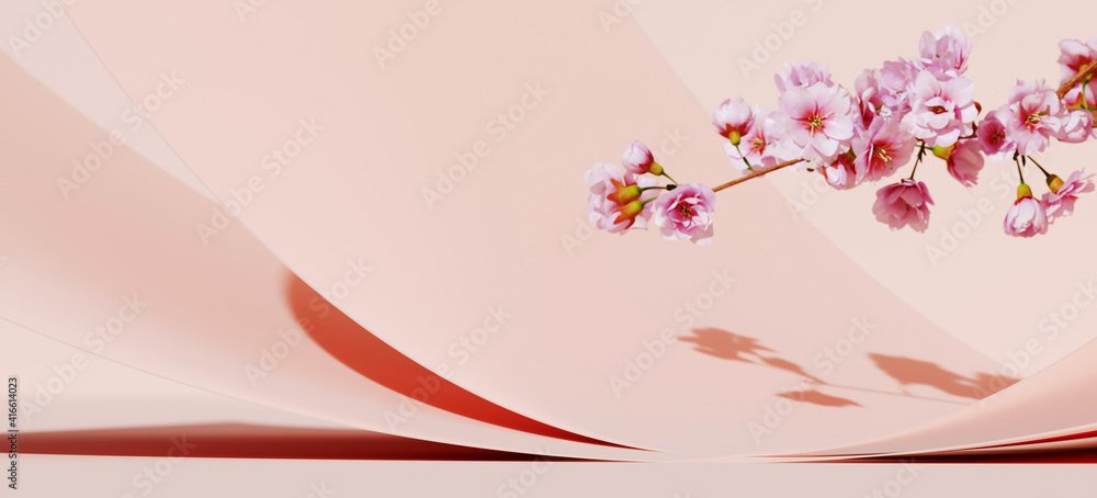 Aufkleber minimal mockup background for product presentation. curve podium and pink cherry blossom flower on p