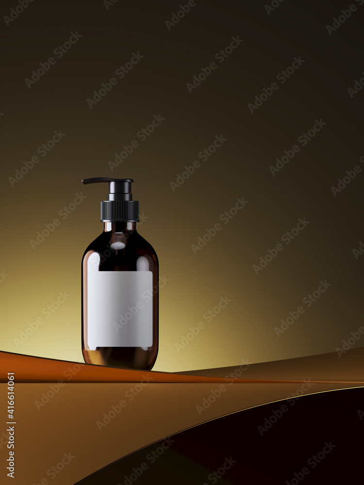 Poster minimal background for branding and product presentation. cosmetic bottle and geometric curve on gol