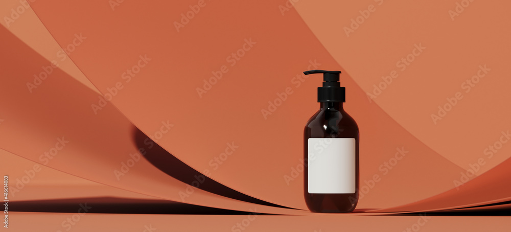 Poster minimal background for branding and product presentation. cosmetic bottle and geometric curve on bri