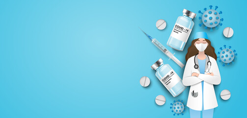 Coronavirus vaccine vector background. Covid-19 corona virus vaccination with vaccine bottle and syringe injection tool for covid19 immunization treatment. Vector illustration.Mock up, banner.