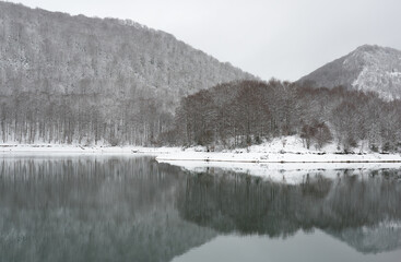 Reflections in a mountain lake surrounded by snow
