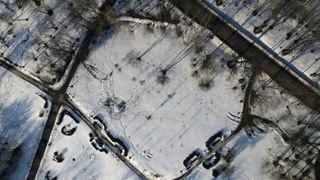 Flight over the winter park. The camera is directed downward. Tracks cleared of snow are visible