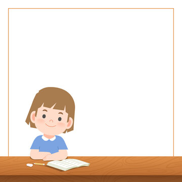 blank banner text box freame and a girl study at the desk , illustration vector. Education Concept.