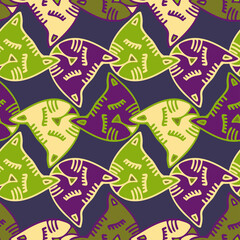 Seamless vector pattern design of lined cute ornamental abstract cats in dark tones