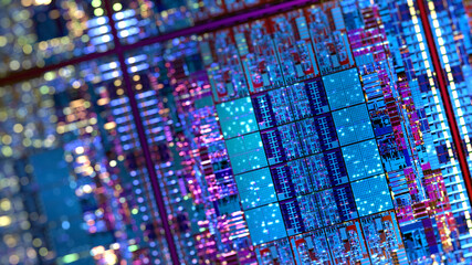 Fototapeta na wymiar Computer CPU chip on silicon wafer. close up shot of electronic system with data processing. Chip, AI calculating big data abstract. 3D rendering
