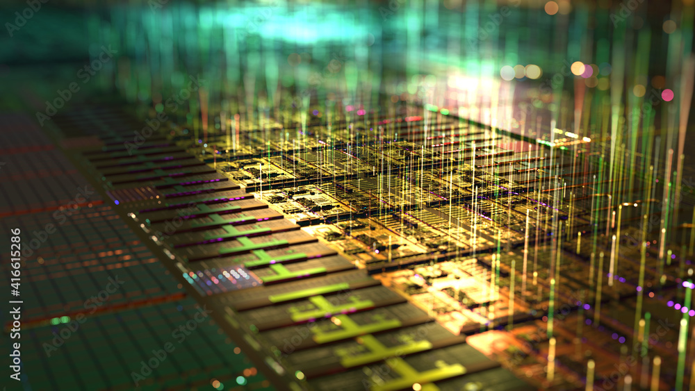 Poster abstract hologram 3d silicon cpu with futuristic matrix. digital circuit components with colorful di