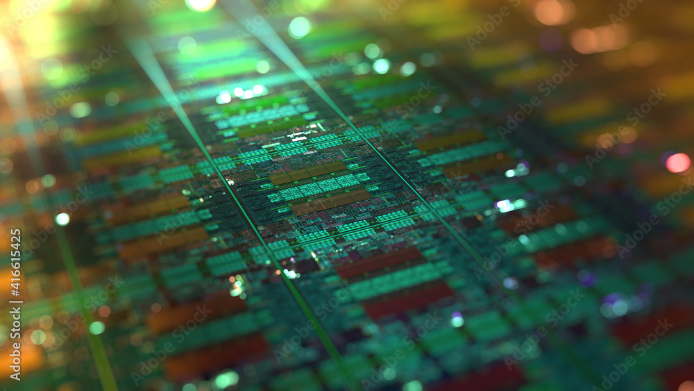 Poster computer cpu chip on silicon wafer. close up shot of electronic system with data processing. chip, a