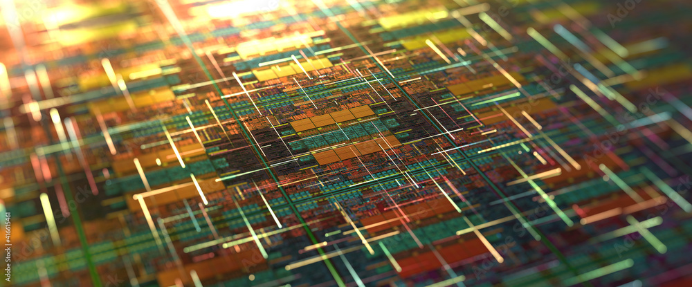 Poster digital futuristic chips with particles and digital data flow connections. digital abstract backgrou
