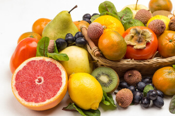 Set of varied, multicolored exotic fruits.