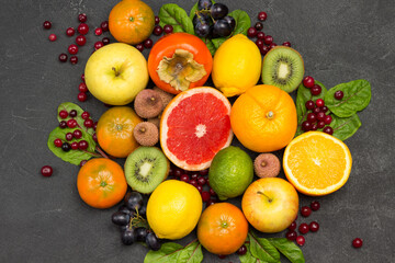 Set of varied, multicolored exotic fruits.