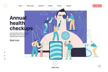 Annual health checkups -medical insurance web template -modern flat vector concept digital illustration -doctors examing male patient checking hearing, vision, heart, lungs, blood pressure, blood test