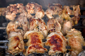 Chicken shashlik, in nature, on a homemade grill, close-up