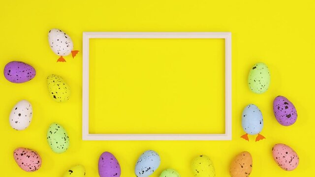 Frame for text and easter eggs move around on yellow theme. Stop motion 