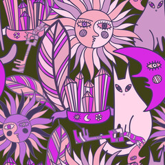 Seamless colorful vector pattern of witchery amulets, cats, sun, moon, feathers and crystals