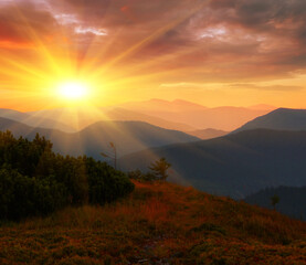 picturesque summer sunset view, natural sundown scenery, majestic evening landscape, beautiful nature background in the mountains, Carpathians, Ukraine, Europe	