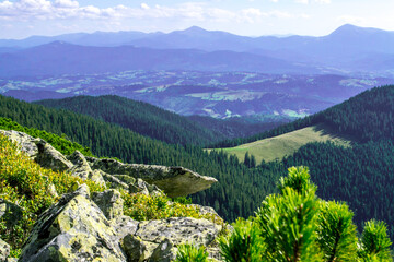 Beautiful landscapes of the Ukrainian Carpathians. View from the mountain Maly Gorgan and the mountain Sinyak.