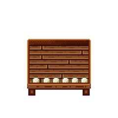 Vegetable shop pixel art. Mushrooms in a wooden crate. Mushroom, pixel art food icon isolated on white background. Mushrooms stall. Showcase with vegetable waste. Vector illustration.