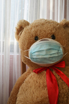 Lockdown Teddy Bear Portrait wearing medical mask from protection of coronavirus covid 19, global pandemic. Self isolation symbolism, sitting by the window, wearing red bow tie. 