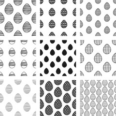 Easter set of seamless patterns from hand drawn doodle eggs.