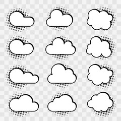 Speech bubble cloud in cartoon style with halftone shadow on transparent background. Vector illustration.