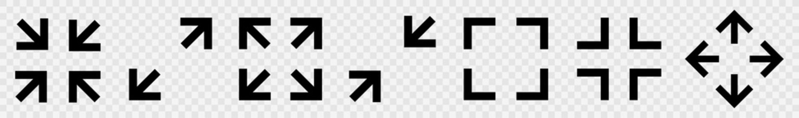 Full screen enter and exit icons set. Maximize and minimize vector symbols. Full size button isolated on transparent background. Vector illustration.