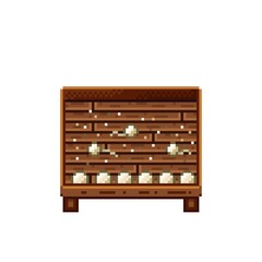 Vegetable shop pixel art. Mushrooms in a wooden crate. Mushroom, pixel art food icon isolated on white background. Mushrooms stall. Showcase with vegetable waste. Vector illustration.