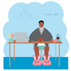 African American man works at home behind a desk with a laptop.Home office and freelance concept. Vector flat illustration.