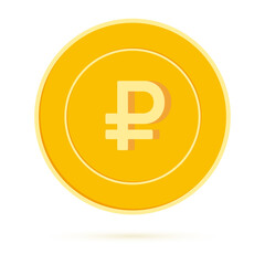 Russian ruble coin isolated on white background. RUB yellow gold coin. Russia metal money. Adorable