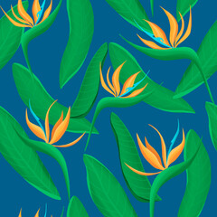 Seamless pattern with bird of paradise flower. Pattern with tropical plants.
