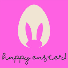 An egg with a silhouette of a rabbit. On a bright pink background, with the inscription happy easter. Postcard for Easter.