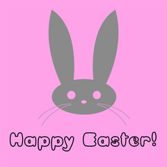 Silhouette of the head of an Easter bunny on a pink background, with the grey inscription Happy Easter. Greeting card for Easter.