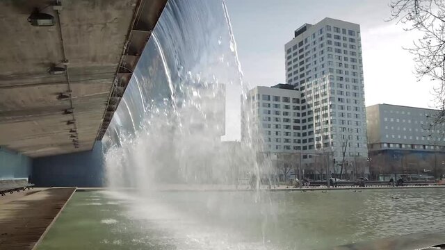 Sabadell (Catalonia, Spain) City Center in sunny day. Skyscrapers and fountain.