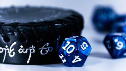 close up of blue role playing gaming dice
