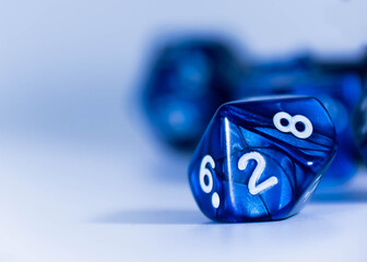close up of blue role playing gaming dice