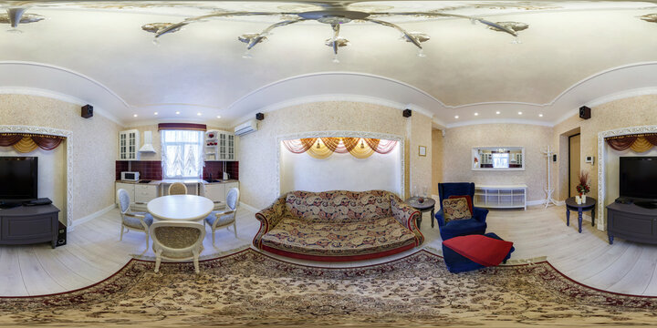 MINSK, BELARUS - FEBRUARY 27, 2014: Panorama in interior guest room hall in modern luxury flat.  Full 360 by 180 degree seamless spherical panorama in equirectangular projection. VR AR content