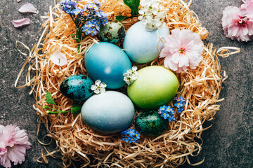 Fototapeta na wymiar Easter eggs dyed with natural ingredients from red cabbage, onion, spinach, berries, turmeric, coffee. Homemade naturally dyed eggs. Beautiful setting with eggs in nest and spring flowers.