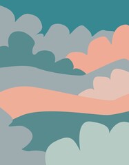 Abstract vector landscape with bushes and trees. Boho poster. Modern minimal template in pastel shades of pink and blue. Cover design, banner, postcard. Vector illustration.