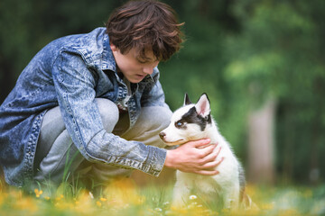 Teen with white dog puppy breed siberian husky on spring backyard. Dogs and pets photography