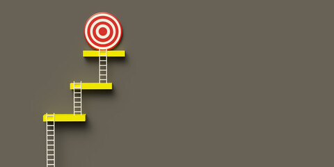 Be different, efficient climbing ladder concept: 3d rendering in Pantone 2021 grey and yellow colors. Reaching goals. Diverse and creative leadership and teamwork. Aim the target background