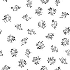 Doodle simple vector seamless pattern of hand-drawn peonies. Seamless random pattern of hand-drawn peonies. Isolated on white background.