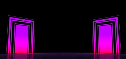Two glowing purple portal in dark space. Abstract glowing portal. 3D illustration