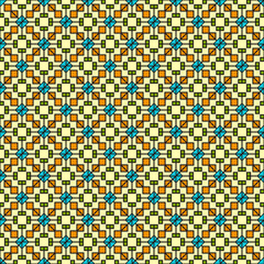 Seamless pattern of small colored squares in a geometric ornamental style, beige background.