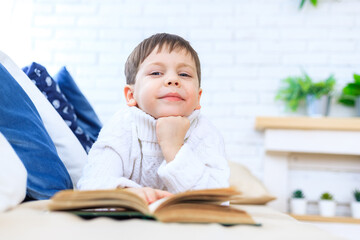 The boy on the couch is reading a book . Reading a book. Bright room. The boy is lying on the sofa. Article about children's leisure time. The development of children. Children's books.